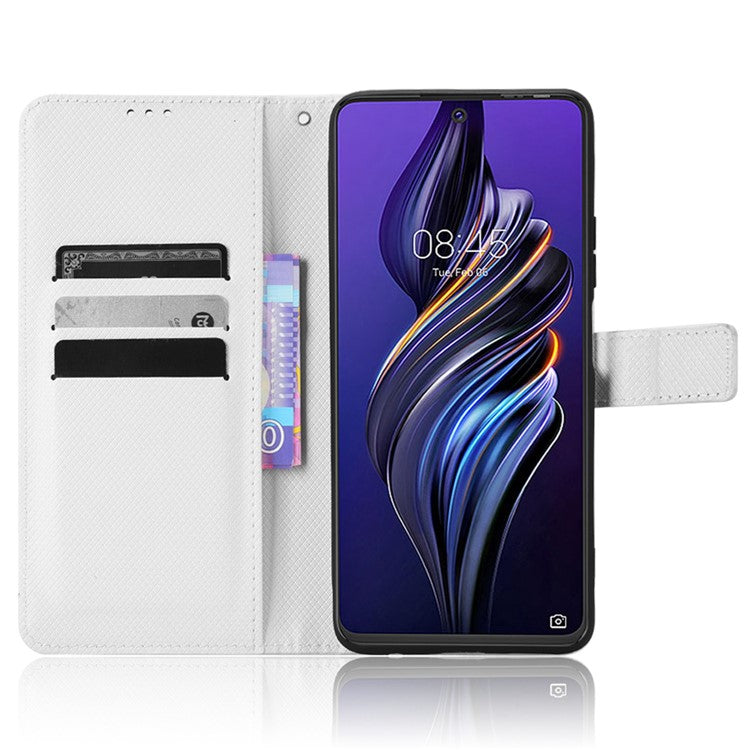 For TECNO Pova 3 4G Diamond Texture Protective Phone Shell Magnetic Clasp PU Leather Stand Scratch-Resistant Phone Wallet Case - White