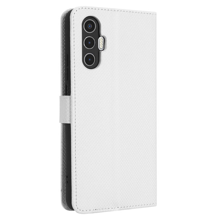 For TECNO Pova 3 4G Diamond Texture Protective Phone Shell Magnetic Clasp PU Leather Stand Scratch-Resistant Phone Wallet Case - White