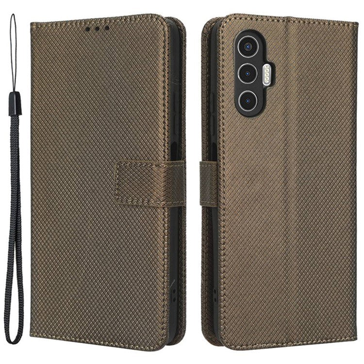 For TECNO Pova 3 4G Diamond Texture Protective Phone Shell Magnetic Clasp PU Leather Stand Scratch-Resistant Phone Wallet Case - Brown