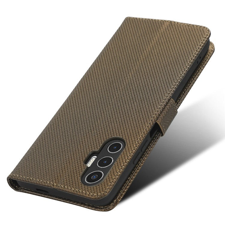 For TECNO Pova 3 4G Diamond Texture Protective Phone Shell Magnetic Clasp PU Leather Stand Scratch-Resistant Phone Wallet Case - Brown