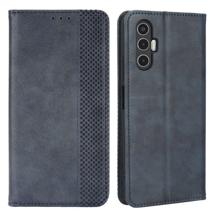 For TECNO Pova 3 4G Magnetic Auto Closing Retro Imprint Pattern Scratch Proof PU Leather Wallet Case Phone Stand Shell Cover - Blue