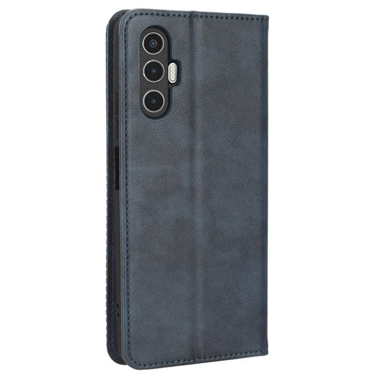 For TECNO Pova 3 4G Magnetic Auto Closing Retro Imprint Pattern Scratch Proof PU Leather Wallet Case Phone Stand Shell Cover - Blue