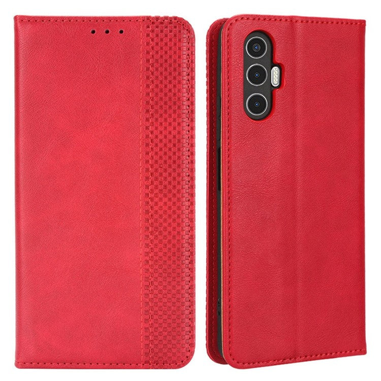 For TECNO Pova 3 4G Magnetic Auto Closing Retro Imprint Pattern Scratch Proof PU Leather Wallet Case Phone Stand Shell Cover - Red