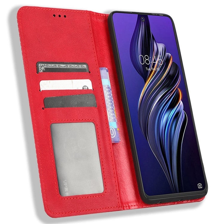 For TECNO Pova 3 4G Magnetic Auto Closing Retro Imprint Pattern Scratch Proof PU Leather Wallet Case Phone Stand Shell Cover - Red