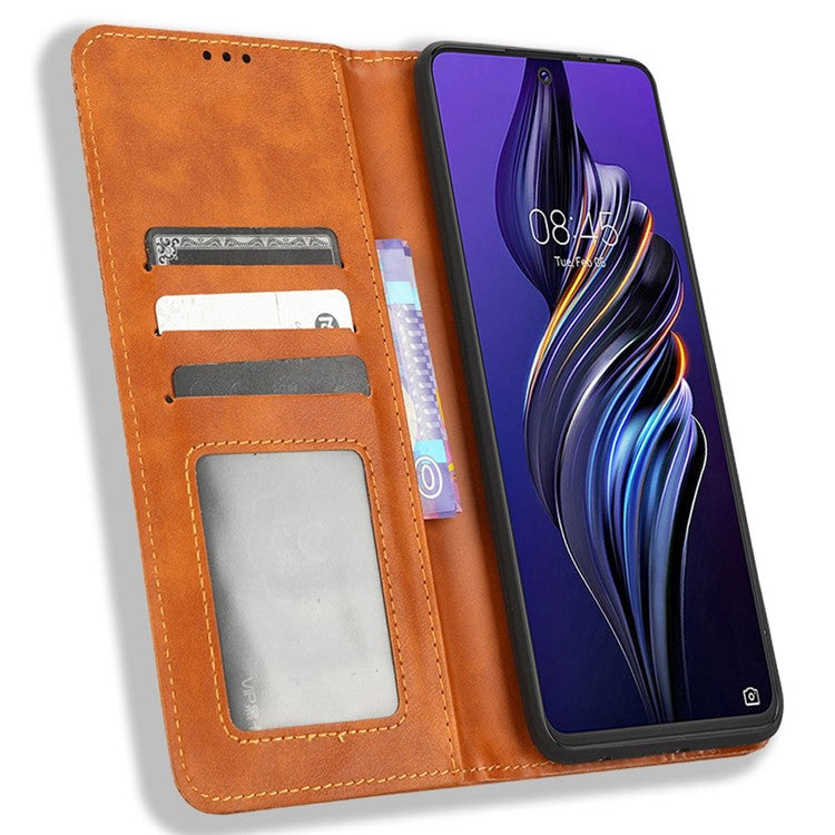 For TECNO Pova 3 4G Magnetic Auto Closing Retro Imprint Pattern Scratch Proof PU Leather Wallet Case Phone Stand Shell Cover - Brown