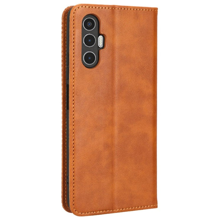For TECNO Pova 3 4G Magnetic Auto Closing Retro Imprint Pattern Scratch Proof PU Leather Wallet Case Phone Stand Shell Cover - Brown