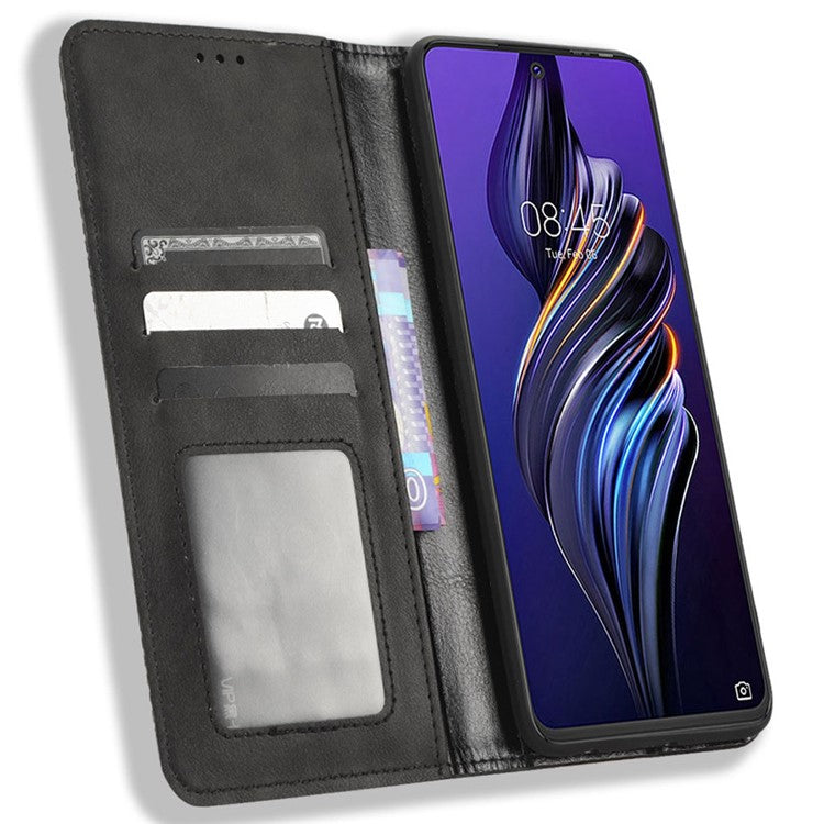 For TECNO Pova 3 4G Magnetic Auto Closing Retro Imprint Pattern Scratch Proof PU Leather Wallet Case Phone Stand Shell Cover - Black