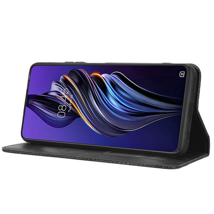 For TECNO Pova 3 4G Magnetic Auto Closing Retro Imprint Pattern Scratch Proof PU Leather Wallet Case Phone Stand Shell Cover - Black
