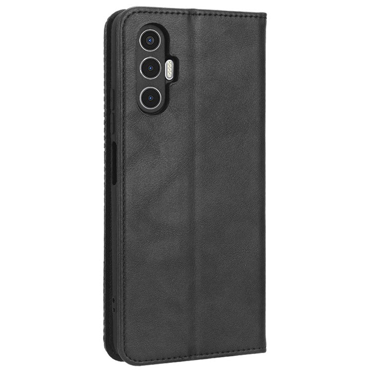 For TECNO Pova 3 4G Magnetic Auto Closing Retro Imprint Pattern Scratch Proof PU Leather Wallet Case Phone Stand Shell Cover - Black