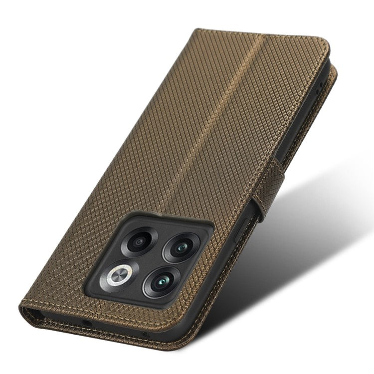 For OnePlus 10T 5G / Ace Pro 5G Diamond Texture Collision Resistant Phone Shell Magnetic Clasp PU Leather Stand Wallet Case with Wrist Strap - Brown