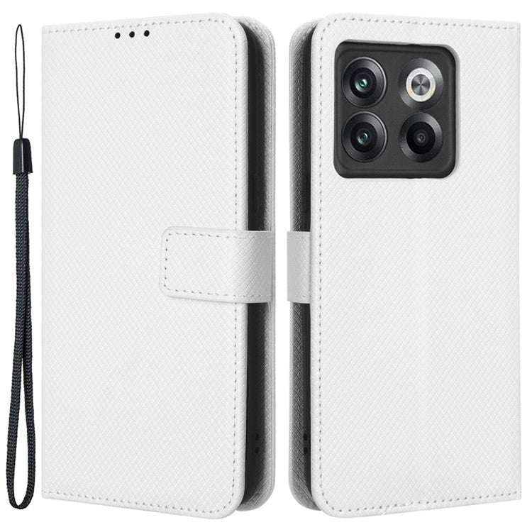 For OnePlus 10T 5G / Ace Pro 5G Diamond Texture Collision Resistant Phone Shell Magnetic Clasp PU Leather Stand Wallet Case with Wrist Strap - White