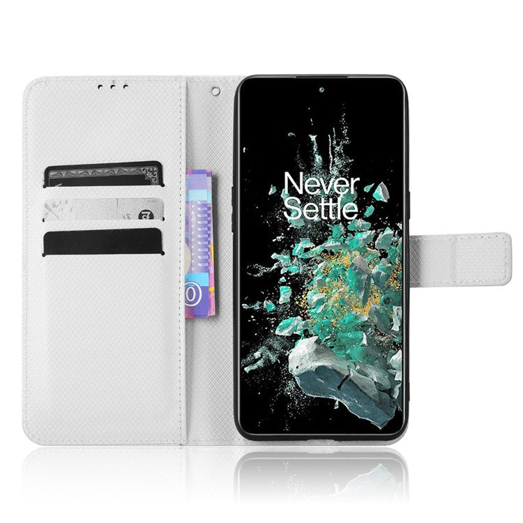 For OnePlus 10T 5G / Ace Pro 5G Diamond Texture Collision Resistant Phone Shell Magnetic Clasp PU Leather Stand Wallet Case with Wrist Strap - White
