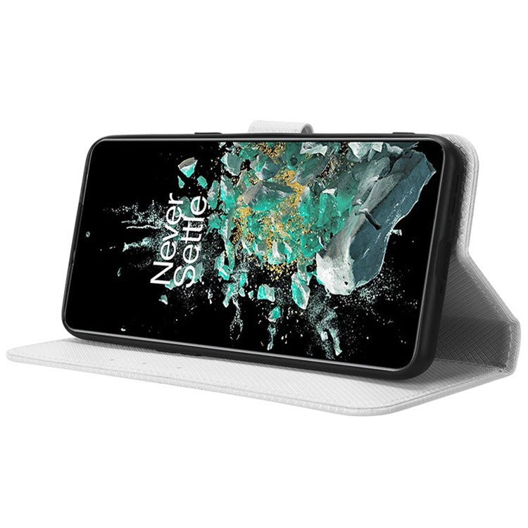 For OnePlus 10T 5G / Ace Pro 5G Diamond Texture Collision Resistant Phone Shell Magnetic Clasp PU Leather Stand Wallet Case with Wrist Strap - White