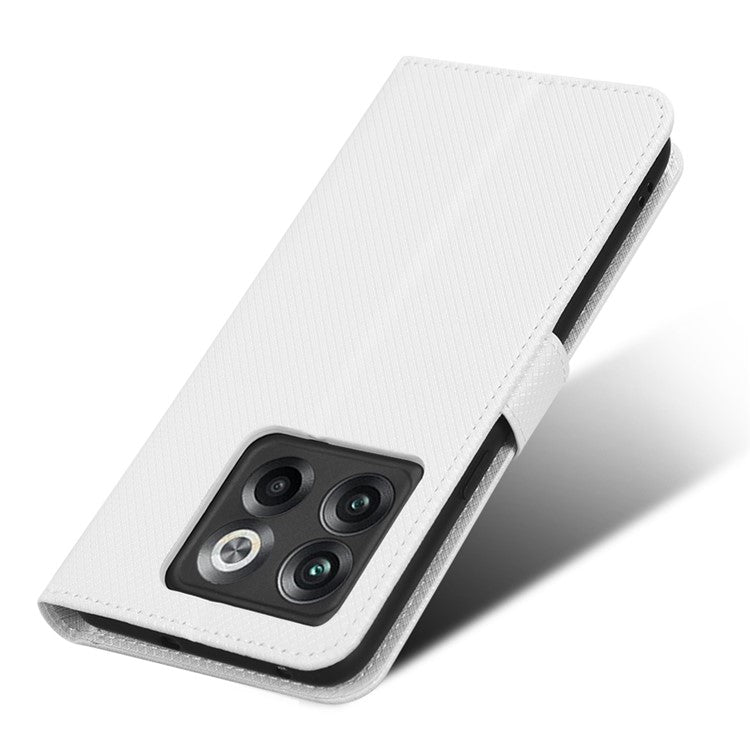 For OnePlus 10T 5G / Ace Pro 5G Diamond Texture Collision Resistant Phone Shell Magnetic Clasp PU Leather Stand Wallet Case with Wrist Strap - White