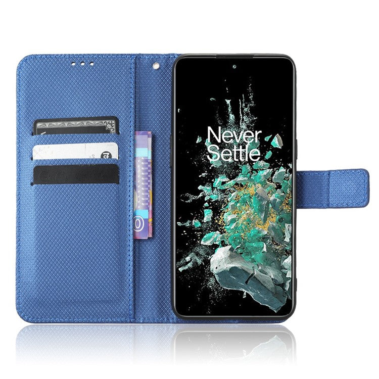 For OnePlus 10T 5G / Ace Pro 5G Diamond Texture Collision Resistant Phone Shell Magnetic Clasp PU Leather Stand Wallet Case with Wrist Strap - Blue