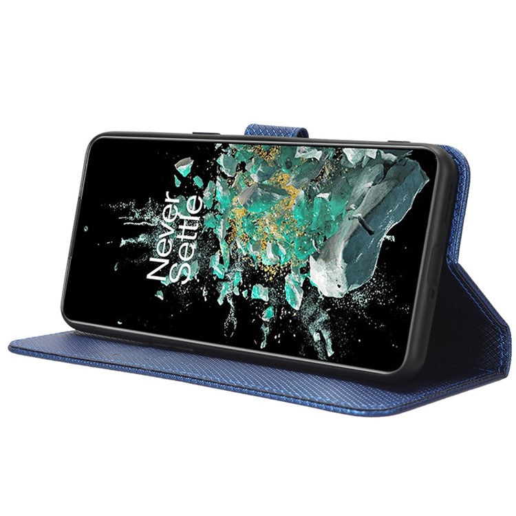 For OnePlus 10T 5G / Ace Pro 5G Diamond Texture Collision Resistant Phone Shell Magnetic Clasp PU Leather Stand Wallet Case with Wrist Strap - Blue