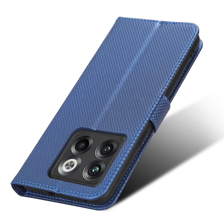 For OnePlus 10T 5G / Ace Pro 5G Diamond Texture Collision Resistant Phone Shell Magnetic Clasp PU Leather Stand Wallet Case with Wrist Strap - Blue