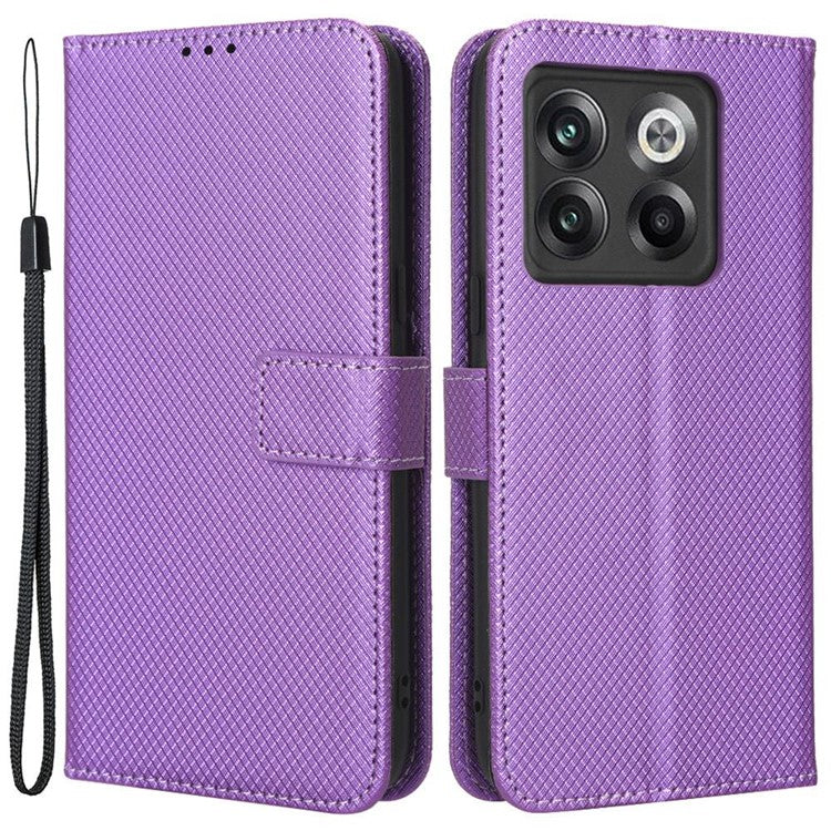 For OnePlus 10T 5G / Ace Pro 5G Diamond Texture Collision Resistant Phone Shell Magnetic Clasp PU Leather Stand Wallet Case with Wrist Strap - Purple