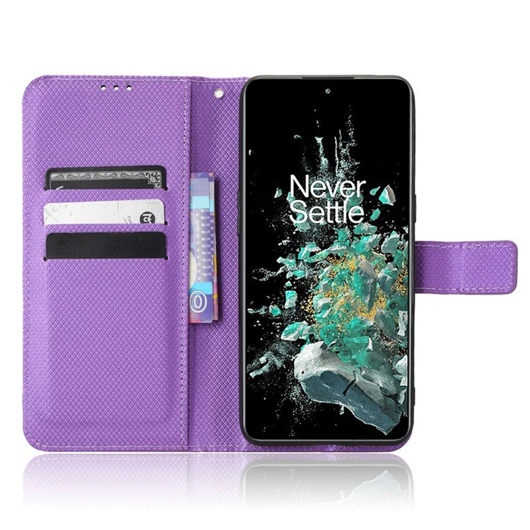 For OnePlus 10T 5G / Ace Pro 5G Diamond Texture Collision Resistant Phone Shell Magnetic Clasp PU Leather Stand Wallet Case with Wrist Strap - Purple