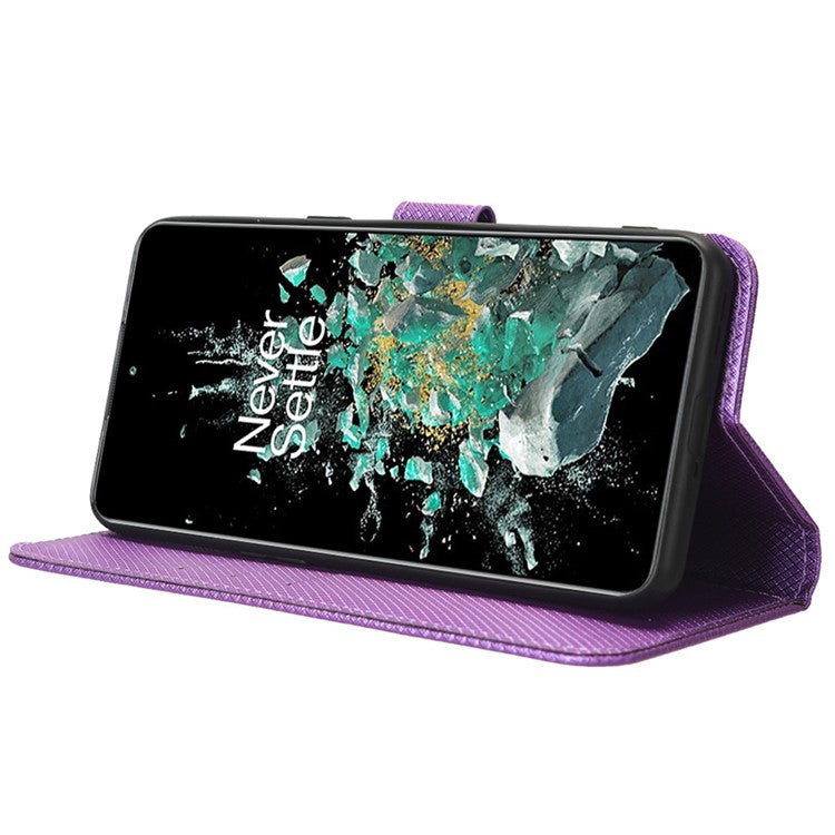 For OnePlus 10T 5G / Ace Pro 5G Diamond Texture Collision Resistant Phone Shell Magnetic Clasp PU Leather Stand Wallet Case with Wrist Strap - Purple