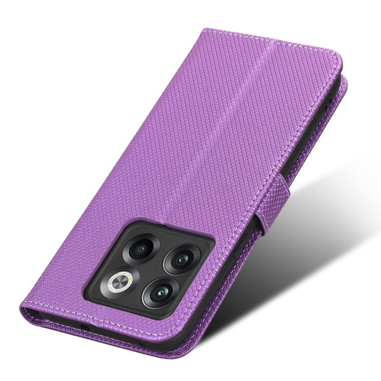For OnePlus 10T 5G / Ace Pro 5G Diamond Texture Collision Resistant Phone Shell Magnetic Clasp PU Leather Stand Wallet Case with Wrist Strap - Purple