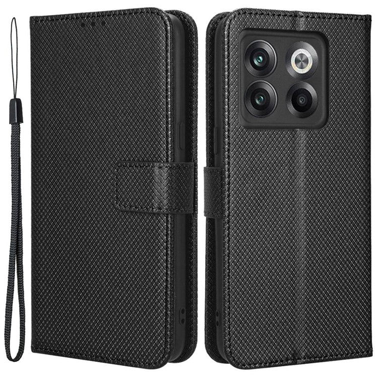 For OnePlus 10T 5G / Ace Pro 5G Diamond Texture Collision Resistant Phone Shell Magnetic Clasp PU Leather Stand Wallet Case with Wrist Strap - Black