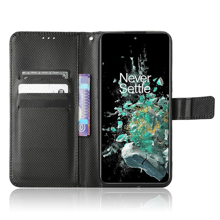 For OnePlus 10T 5G / Ace Pro 5G Diamond Texture Collision Resistant Phone Shell Magnetic Clasp PU Leather Stand Wallet Case with Wrist Strap - Black