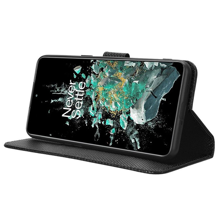 For OnePlus 10T 5G / Ace Pro 5G Diamond Texture Collision Resistant Phone Shell Magnetic Clasp PU Leather Stand Wallet Case with Wrist Strap - Black