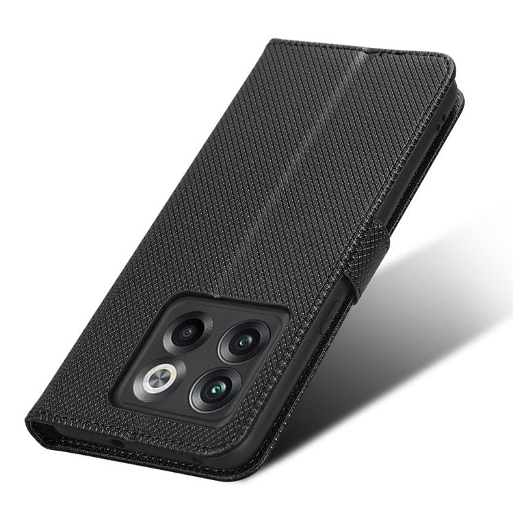 For OnePlus 10T 5G / Ace Pro 5G Diamond Texture Collision Resistant Phone Shell Magnetic Clasp PU Leather Stand Wallet Case with Wrist Strap - Black