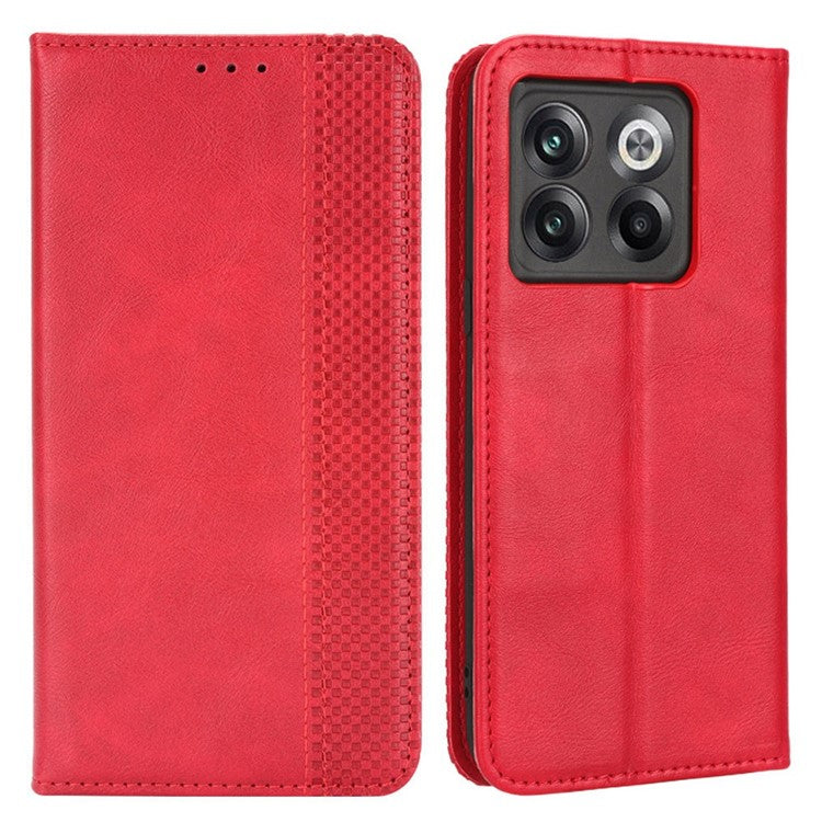 For OnePlus 10T 5G / Ace Pro 5G Magnetic Auto Closing Wallet Feature Case Retro Imprint Pattern PU Leather Stand Protective Shell - Red