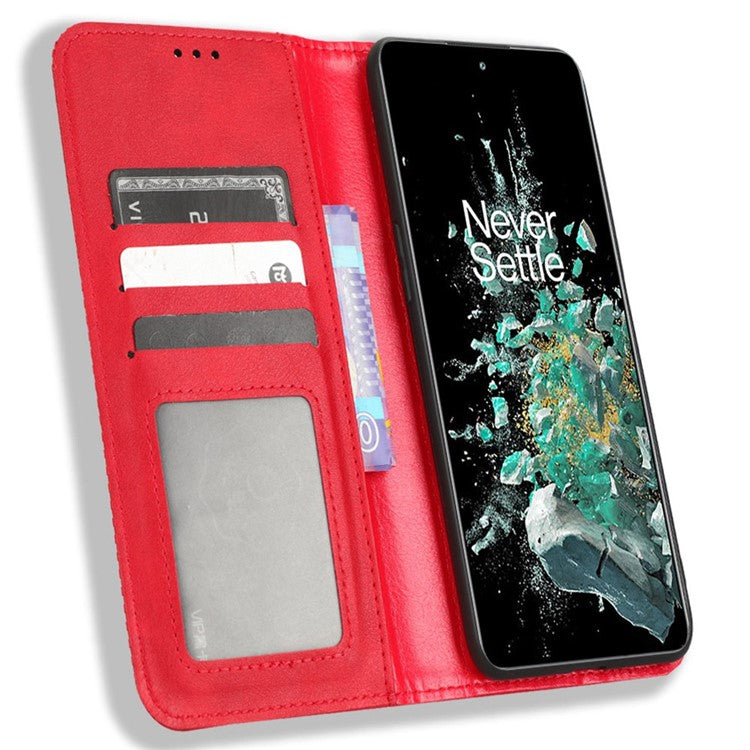 For OnePlus 10T 5G / Ace Pro 5G Magnetic Auto Closing Wallet Feature Case Retro Imprint Pattern PU Leather Stand Protective Shell - Red