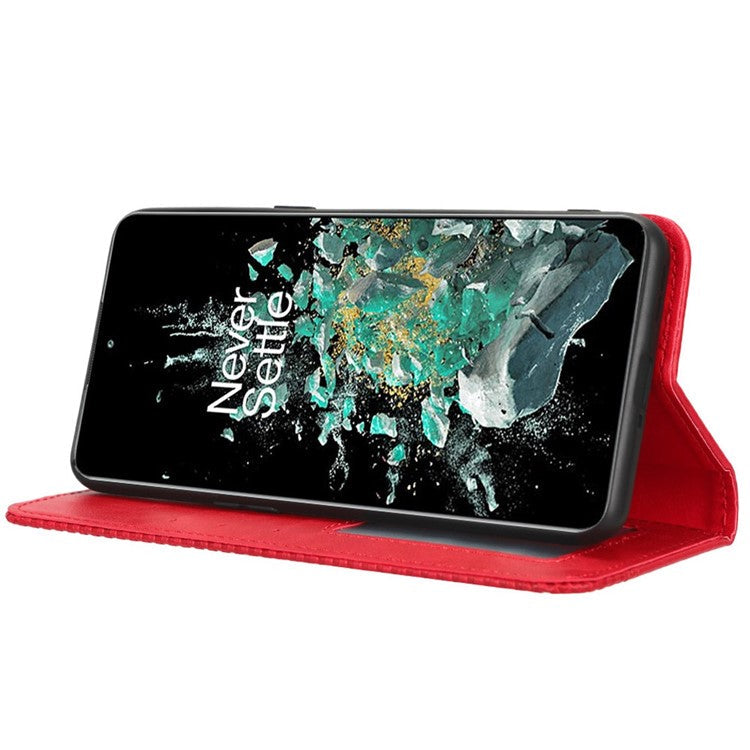 For OnePlus 10T 5G / Ace Pro 5G Magnetic Auto Closing Wallet Feature Case Retro Imprint Pattern PU Leather Stand Protective Shell - Red