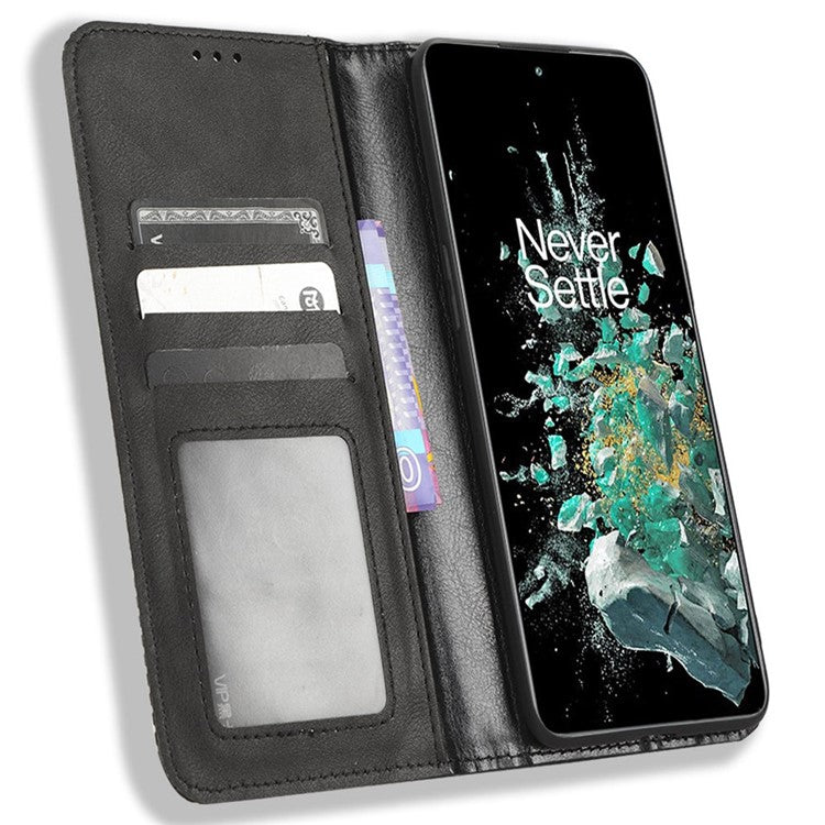For OnePlus 10T 5G / Ace Pro 5G Magnetic Auto Closing Wallet Feature Case Retro Imprint Pattern PU Leather Stand Protective Shell - Black