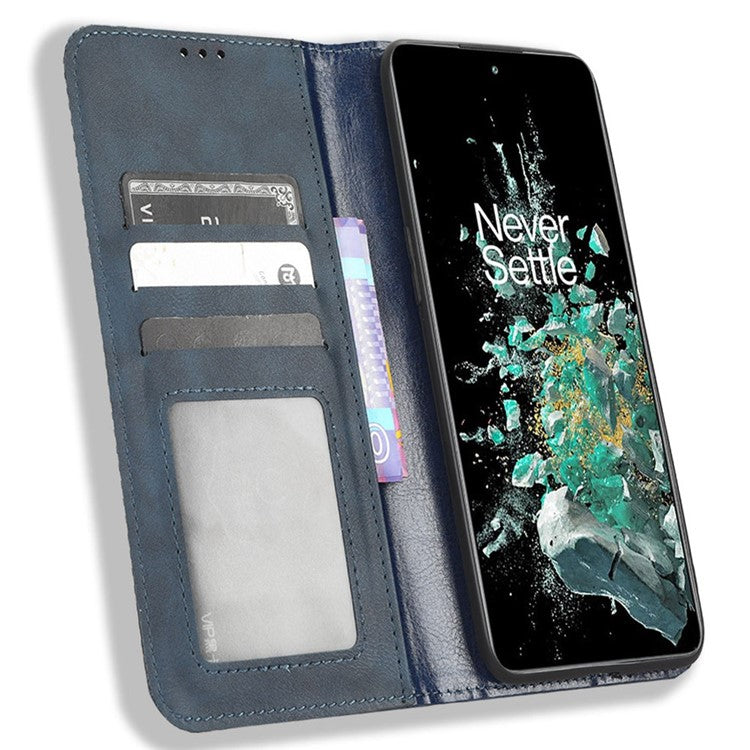 For OnePlus 10T 5G / Ace Pro 5G Magnetic Auto Closing Wallet Feature Case Retro Imprint Pattern PU Leather Stand Protective Shell - Blue