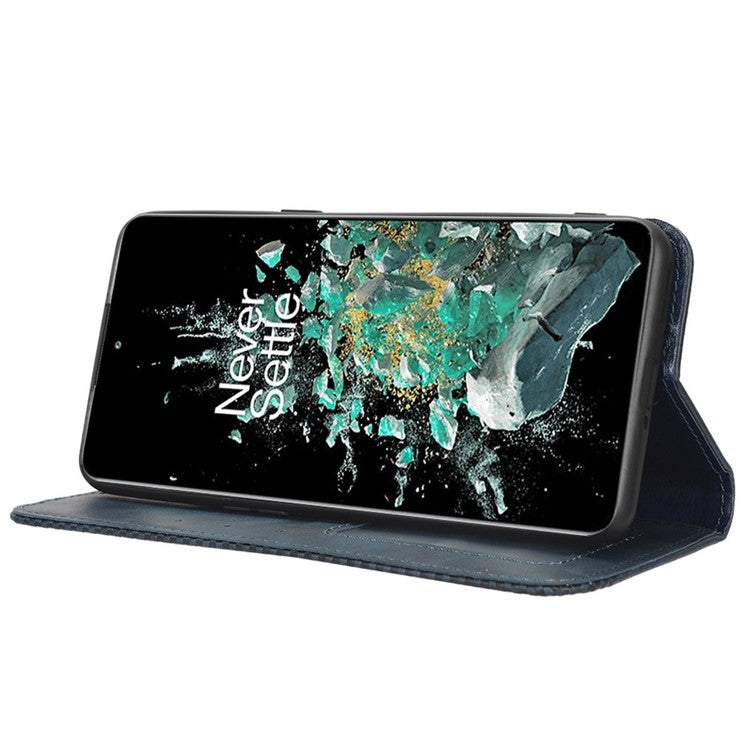 For OnePlus 10T 5G / Ace Pro 5G Magnetic Auto Closing Wallet Feature Case Retro Imprint Pattern PU Leather Stand Protective Shell - Blue