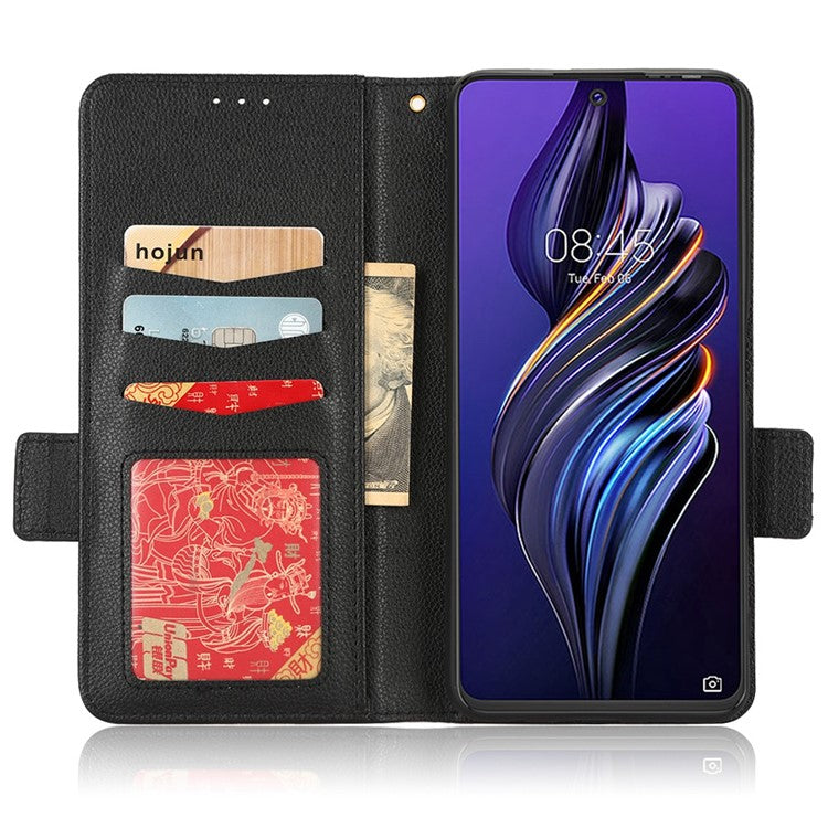 For TECNO Pova 3 4G LF7n Full Protection Litchi Texture Phone Cover PU Leather Dual Magnetic Clasp Wallet Stand Case - Black
