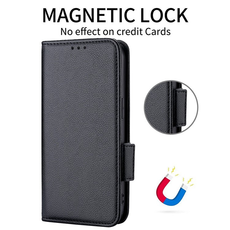 For TECNO Pova 3 4G LF7n Full Protection Litchi Texture Phone Cover PU Leather Dual Magnetic Clasp Wallet Stand Case - Black