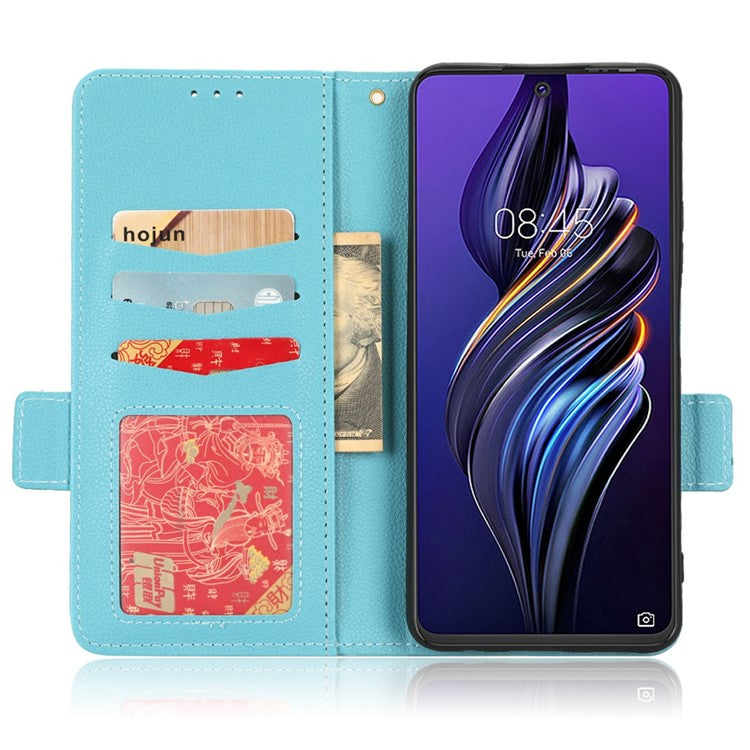 For TECNO Pova 3 4G LF7n Full Protection Litchi Texture Phone Cover PU Leather Dual Magnetic Clasp Wallet Stand Case - Baby Blue
