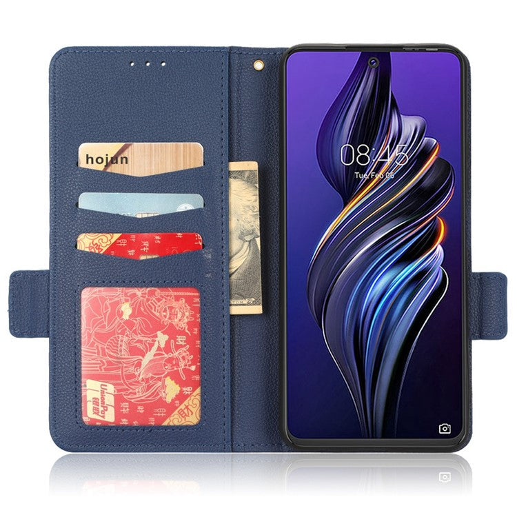 For TECNO Pova 3 4G LF7n Full Protection Litchi Texture Phone Cover PU Leather Dual Magnetic Clasp Wallet Stand Case - Dark Blue