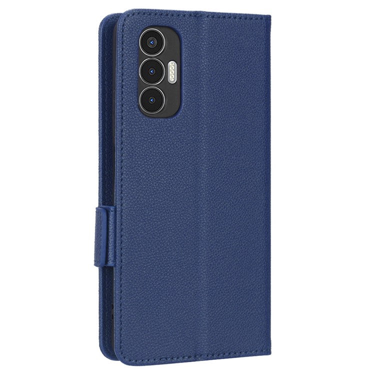 For TECNO Pova 3 4G LF7n Full Protection Litchi Texture Phone Cover PU Leather Dual Magnetic Clasp Wallet Stand Case - Dark Blue