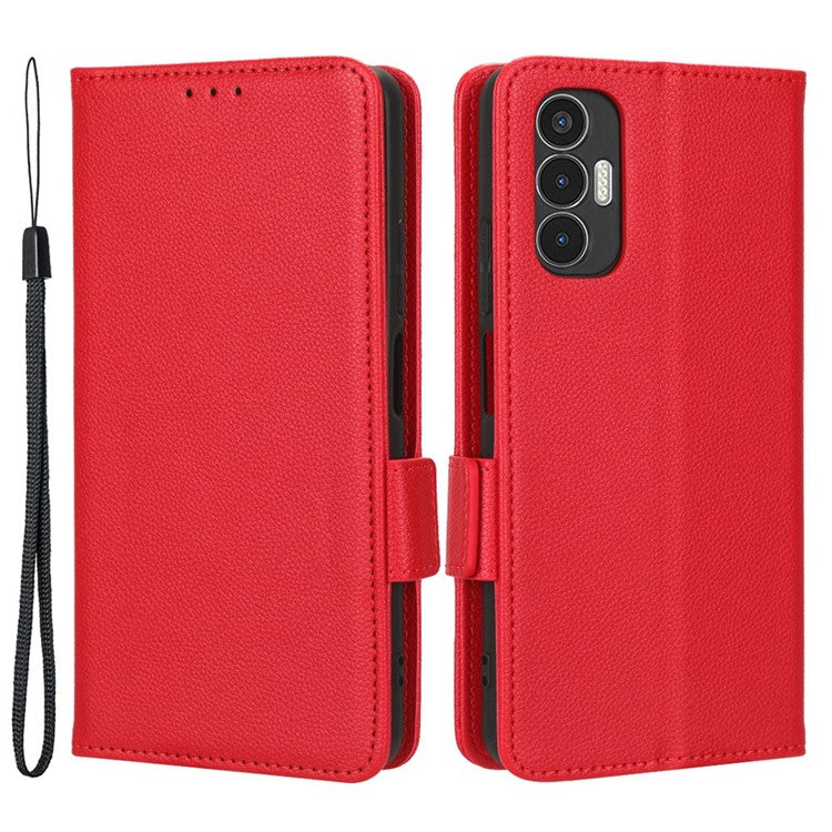 For TECNO Pova 3 4G LF7n Full Protection Litchi Texture Phone Cover PU Leather Dual Magnetic Clasp Wallet Stand Case - Red