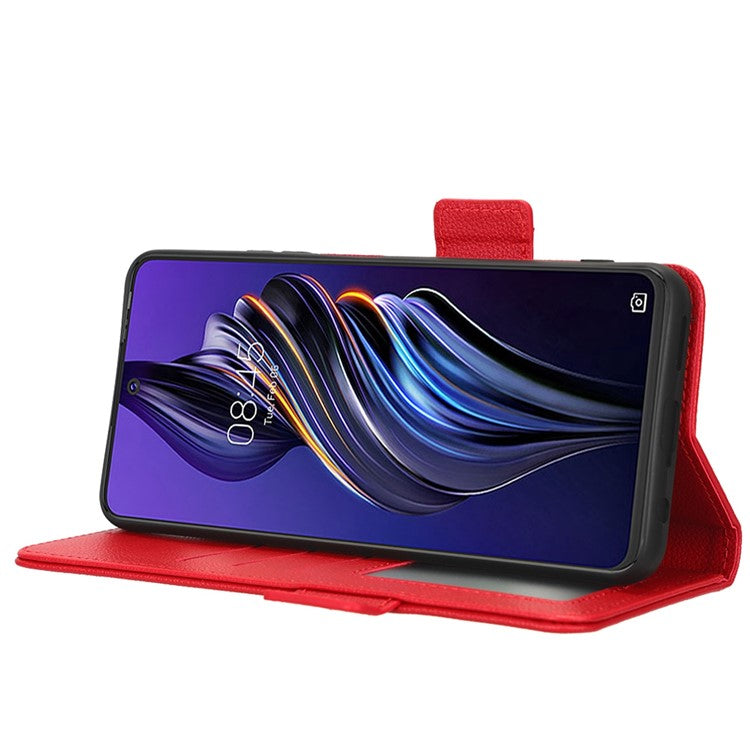For TECNO Pova 3 4G LF7n Full Protection Litchi Texture Phone Cover PU Leather Dual Magnetic Clasp Wallet Stand Case - Red