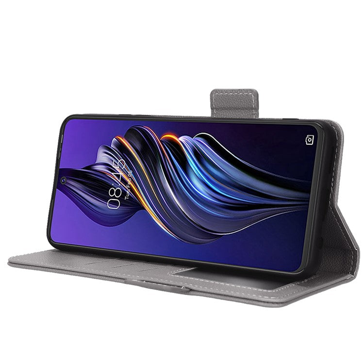 For TECNO Pova 3 4G LF7n Full Protection Litchi Texture Phone Cover PU Leather Dual Magnetic Clasp Wallet Stand Case - Grey