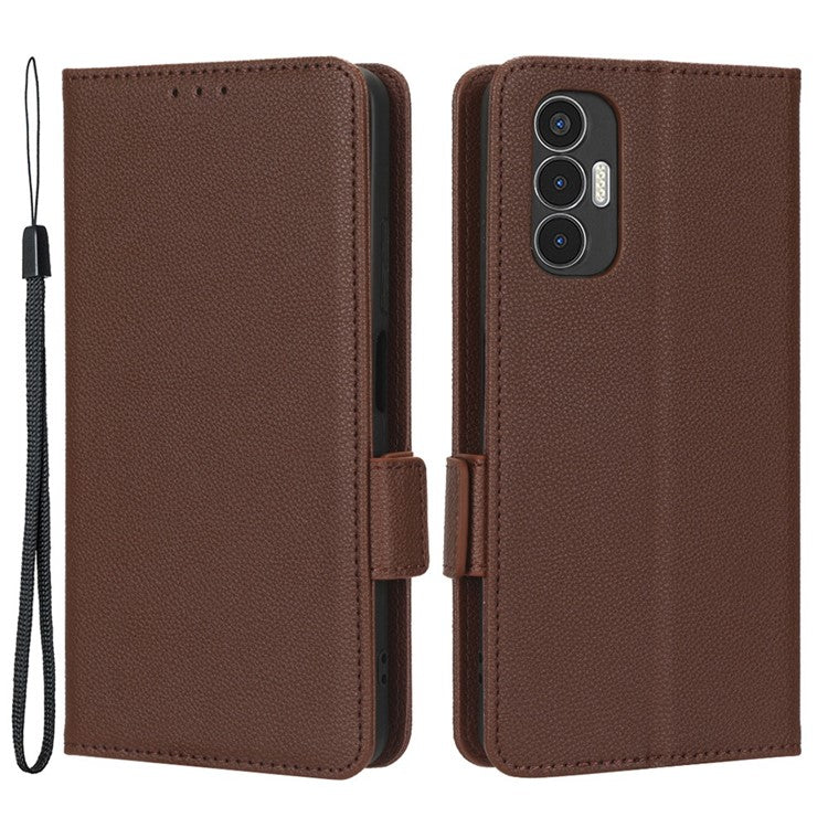 For TECNO Pova 3 4G LF7n Full Protection Litchi Texture Phone Cover PU Leather Dual Magnetic Clasp Wallet Stand Case - Brown