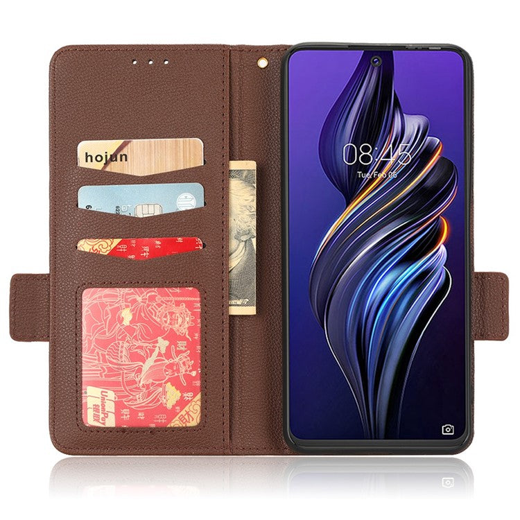 For TECNO Pova 3 4G LF7n Full Protection Litchi Texture Phone Cover PU Leather Dual Magnetic Clasp Wallet Stand Case - Brown