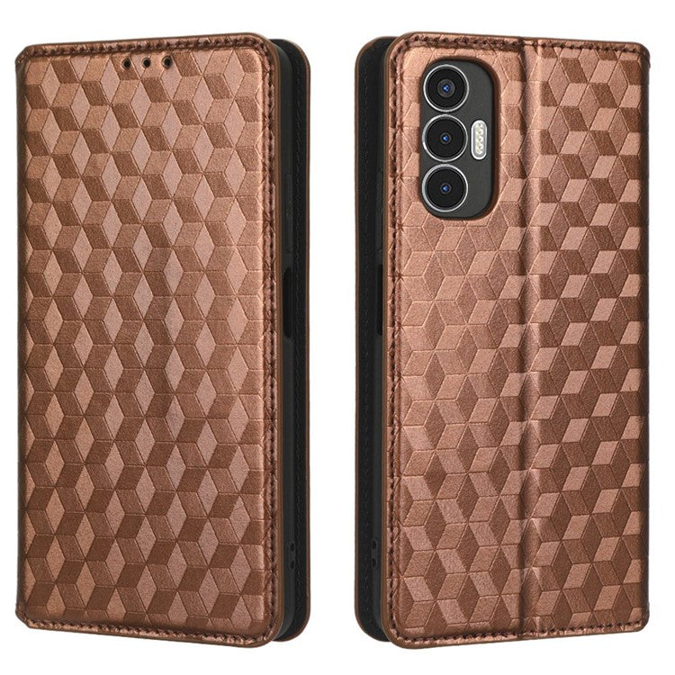 For TECNO Pova 3 4G LF7n Case Imprinting Rhombus Wallet PU Leather Stand Full Protection Phone Cover - Brown