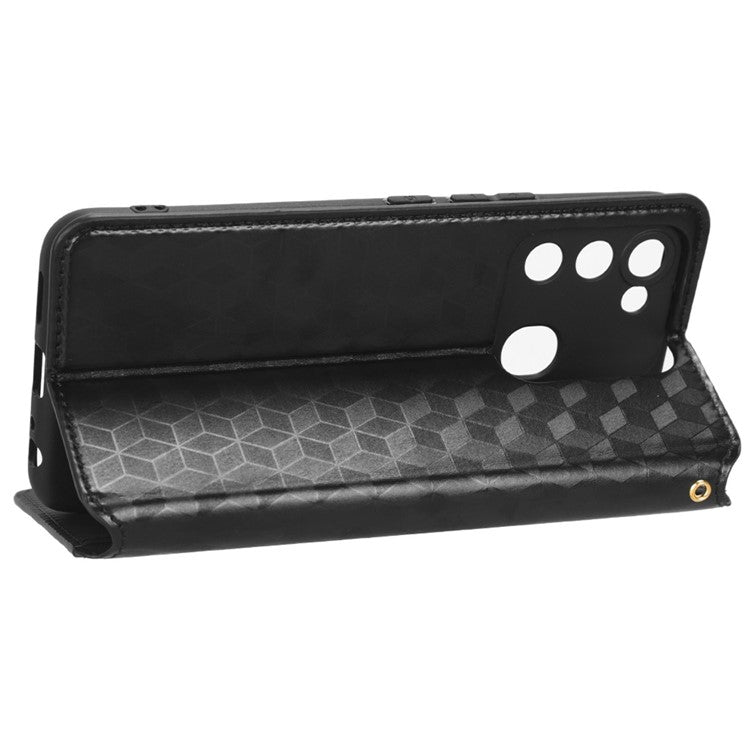 For TECNO Spark 8C 4G / Spark Go 2022 4G KG5 Case Imprinting Rhombus Pattern PU Leather Phone Stand - Black