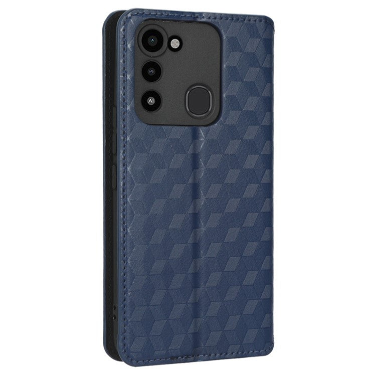 For TECNO Spark 8C 4G / Spark Go 2022 4G KG5 Case Imprinting Rhombus Pattern PU Leather Phone Stand - Blue