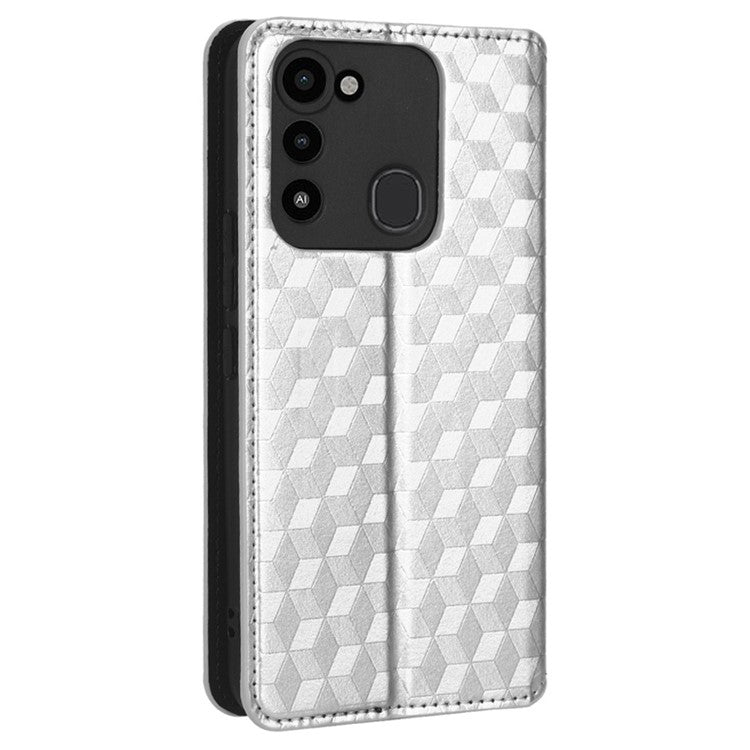 For TECNO Spark 8C 4G / Spark Go 2022 4G KG5 Case Imprinting Rhombus Pattern PU Leather Phone Stand - Silver