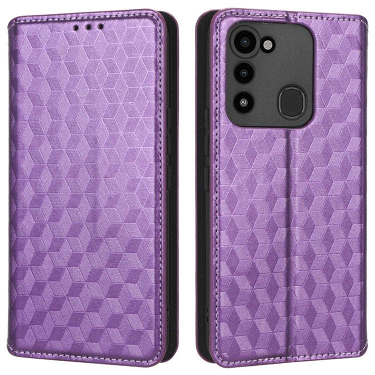 For TECNO Spark 8C 4G / Spark Go 2022 4G KG5 Case Imprinting Rhombus Pattern PU Leather Phone Stand - Purple
